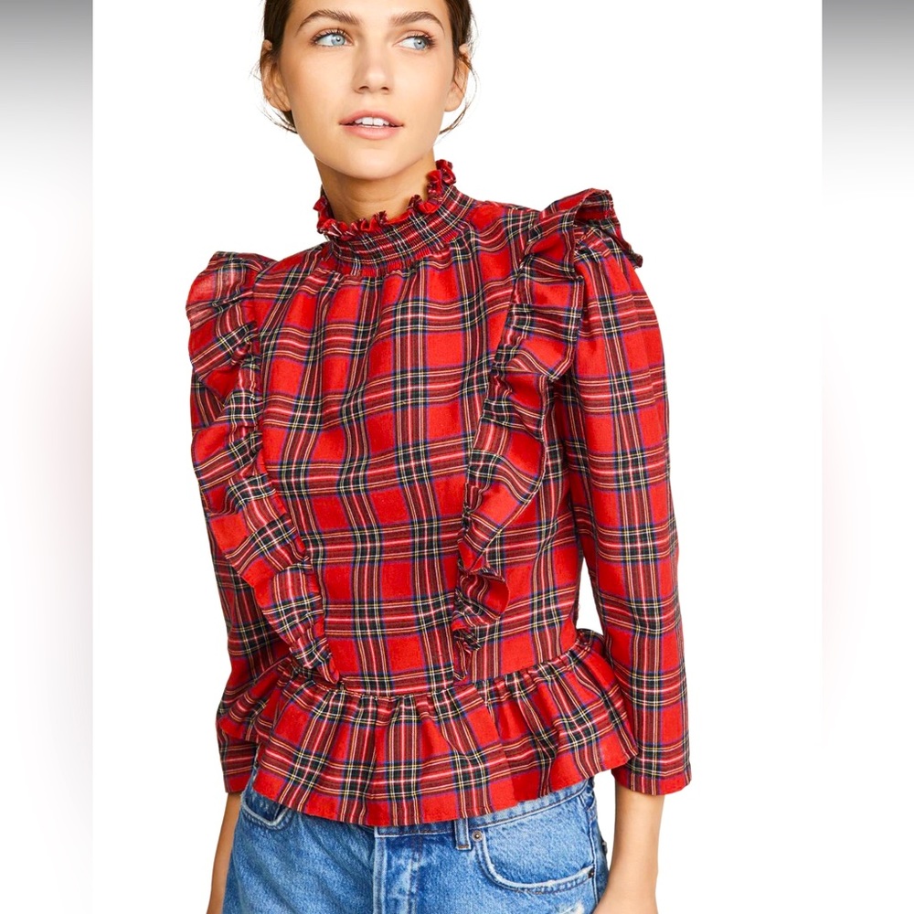 English factory tartan plaid ruffle blouse
